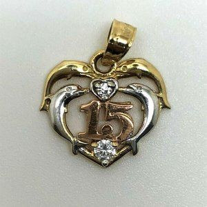 3 TONE GOLD DOLPHINS HEART SWEET FIFTEEN CZ PENDANT CHARM 14K 585